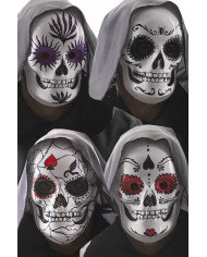 White plastic masks with colorful prints depicting the famous