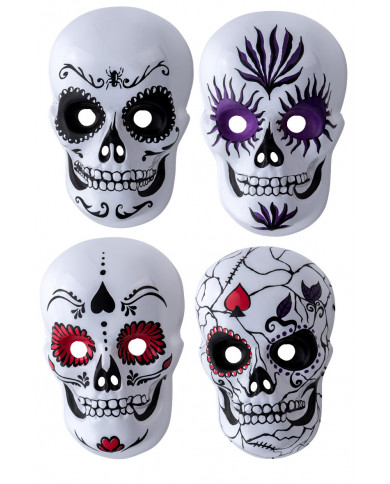 White plastic masks with colorful prints depicting the famous