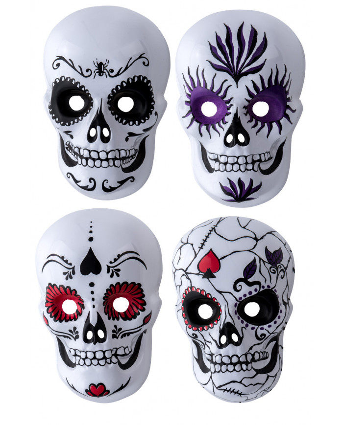 White plastic masks with colorful prints depicting the famous