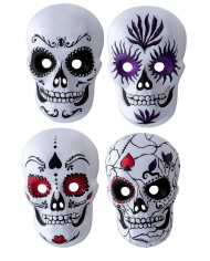 White plastic masks with colorful prints depicting the famous