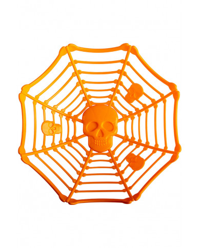 cesto naranja portaobjetos con calavera de unos 26 cm. de diámetro con etiqueta colgante/etiqueta