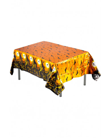 nappe halloween en plastique métallisé, longueur 260x130 cm environ dans une pochette avec carte d’en-tête