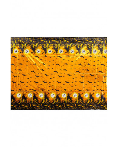 nappe halloween en plastique métallisé, longueur 260x130 cm environ dans une pochette avec carte d’en-tête