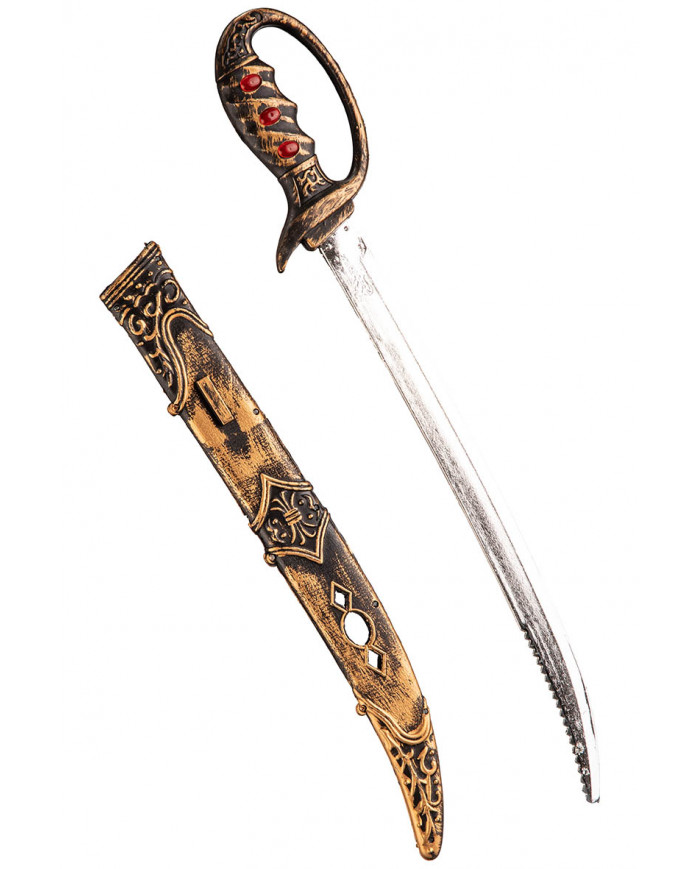 Spada pirata bronzo con fodero e gemme rosse  l.cm.57 ca. con cav.