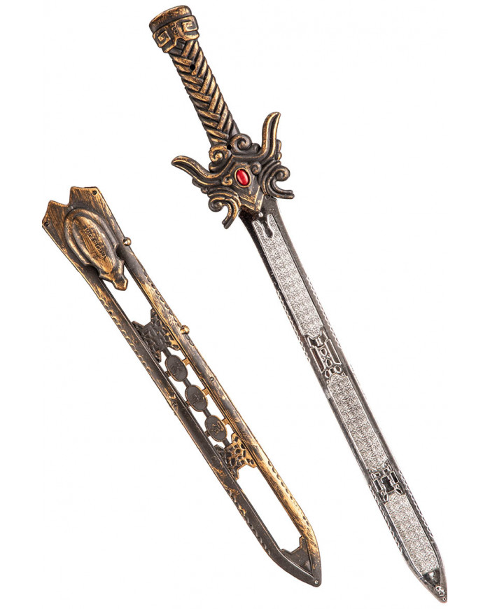 Schwert bronzenfarben mit Scheide und rotem Schmuckstein L. cm 60 ca. mit Aufhänger