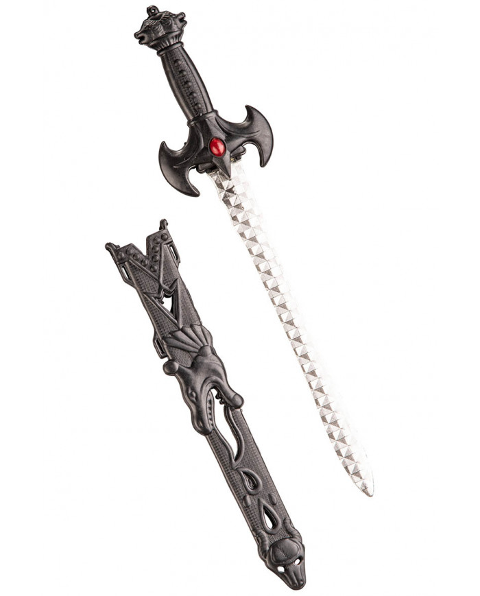 espada negra con funda y gema roja de unos 38 cm. de largo con solapa de cartón