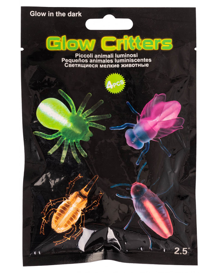 4 animaux décoratifs lumineux G.I.D. (GLOW IN THE DARK), couleurs assorties dans une pochette