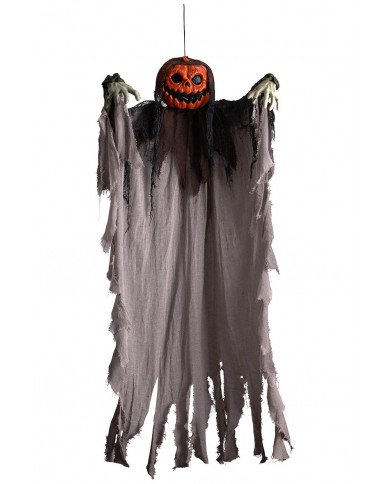 Kürbisskelett mit grauer Tunika zum Aufhängen H. 160 cm ca. mit Pappschild/Etikett