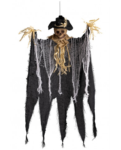 Squelette à suspendre avec visage en jute, chapeau, tunique grise, hauteur 90 cm avec étiquette volante / étiquette Squelette à suspendre avec visage en jute, chapeau, tunique grise, hauteur 90 cm avec étiquette volante / étiquette