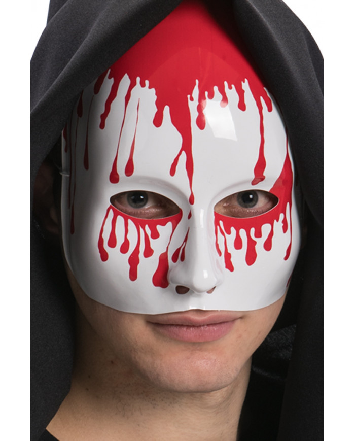 White plastic chinless mask with red bloodlines showing down