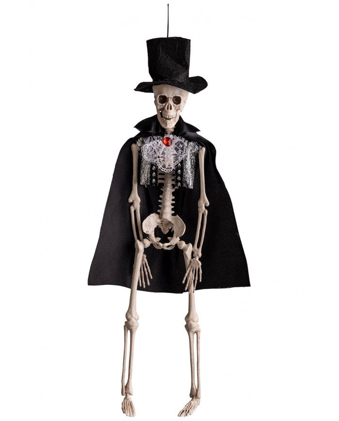 Esqueleto con capa para colgar de unos 40 cm. de alto con etiqueta colgante/etiqueta