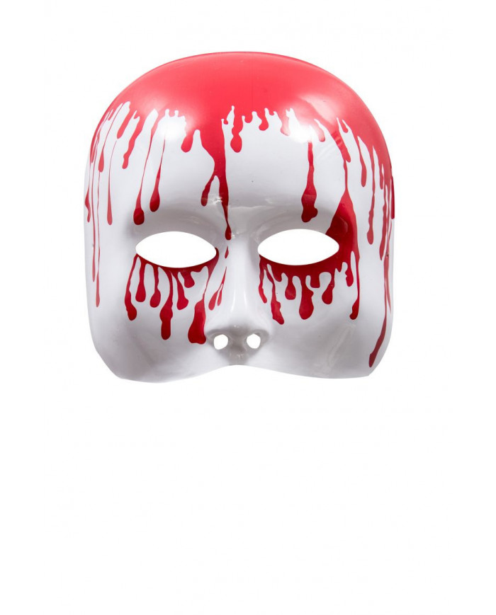 White plastic chinless mask with red bloodlines showing down