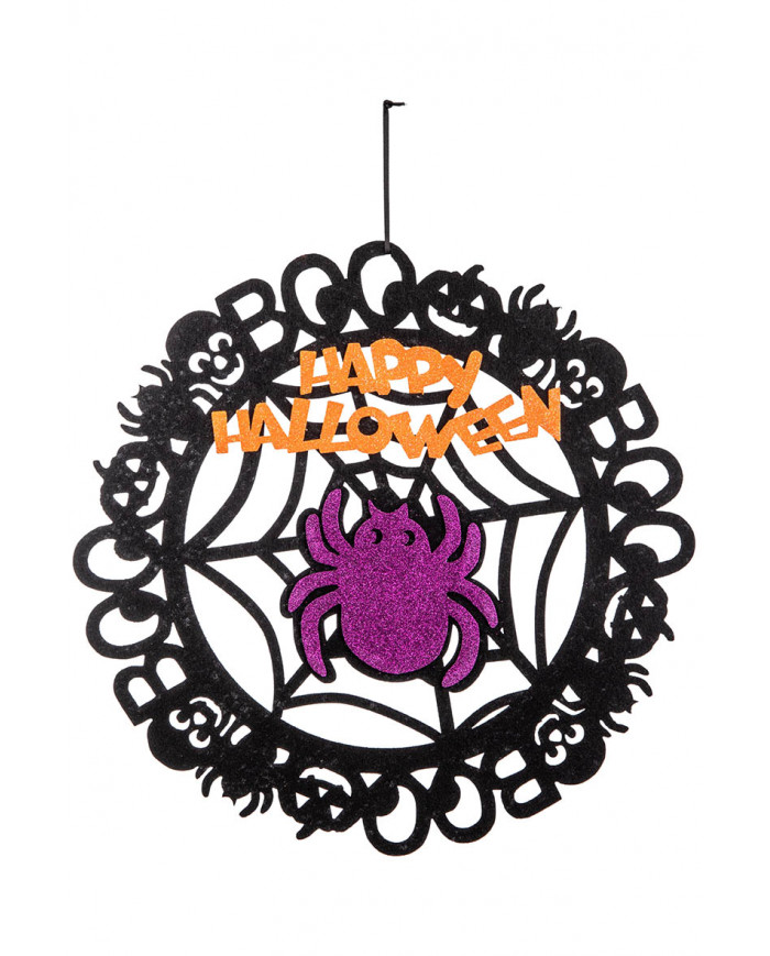 Decorazione ragno con glitter in feltro  d'appendere. diam.38cm ca. con cartellino/etichetta Decorazione ragno con glitter in feltro  d'appendere. diam.38cm ca. con cartellino/etichetta