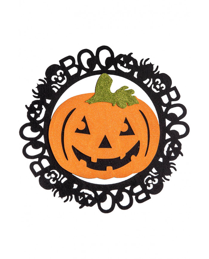 Decorazione zucca con glitter in feltro  d'appendere. diam.38cm ca. con cartellino/etichetta Decorazione zucca con glitter in feltro  d'appendere. diam.38cm ca. con cartellino/etichetta