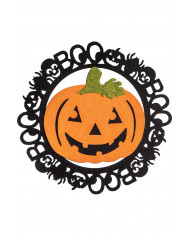 Decorazione zucca con glitter in feltro  d'appendere. diam.38cm ca. con cartellino/etichetta Decorazione zucca con glitter in feltro  d'appendere. diam.38cm ca. con cartellino/etichetta