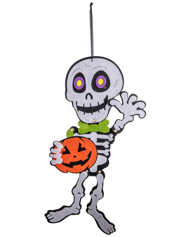 Esqueleto con calabaza para colgar de fieltro de unos 60 cm. de alto con etiqueta colgante/etiqueta