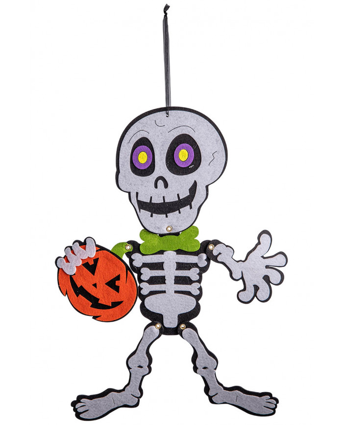 Esqueleto con calabaza para colgar de fieltro de unos 60 cm. de alto con etiqueta colgante/etiqueta
