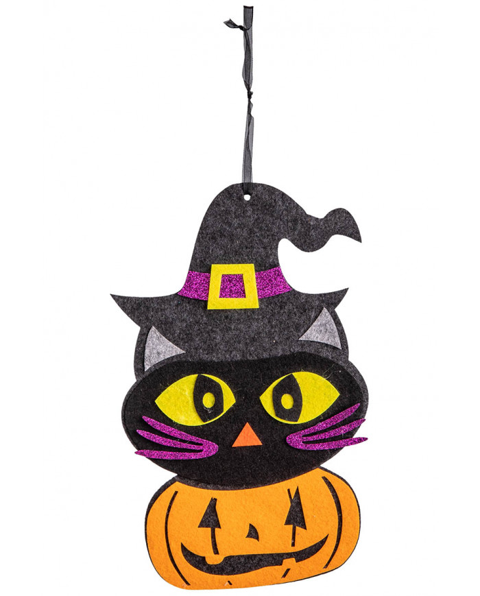 Décoration chaton avec citrouille en feutre à suspendre, hauteur 40 cm environ avec étiquette volante / étiquette Décoration chaton avec citrouille en feutre à suspendre, hauteur 40 cm environ avec étiquette volante / étiquette