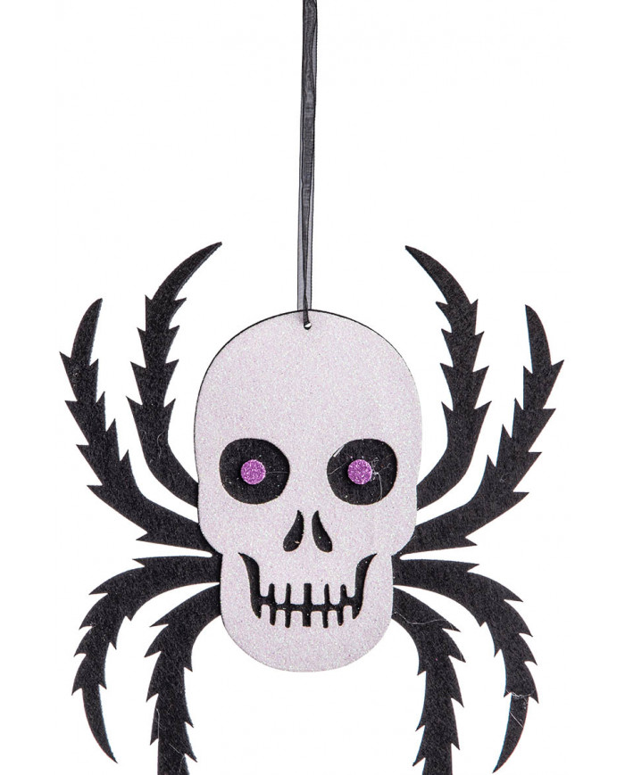 Totenkopfdekoration Spinne aus Filz zum Aufhängen H. cm 35 ca. mit Pappschild/Etikett Totenkopfdekoration Spinne aus Filz zum Aufhängen H. cm 35 ca. mit Pappschild/Etikett