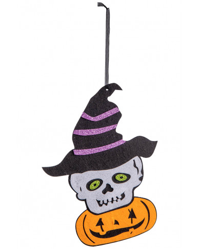 Adorno de calavera con calabaza de fieltro para colgar de unos 40 cm de alto con etiqueta colgante/etiqueta