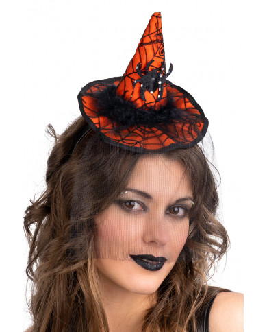 Cappellino strega arancione con ragno, veletta e cerchietto h.cm.14 Cappellino strega arancione con ragno, veletta e cerchietto h.cm.14