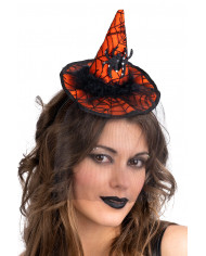 Cappellino strega arancione con ragno, veletta e cerchietto h.cm.14 Cappellino strega arancione con ragno, veletta e cerchietto h.cm.14