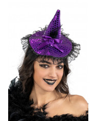Purple Satin Witch Mini Hat W/Bow And Headband With Header