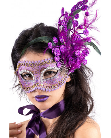 Maschera tessuto damascato viola con dec glitter e piume in scatola pvc