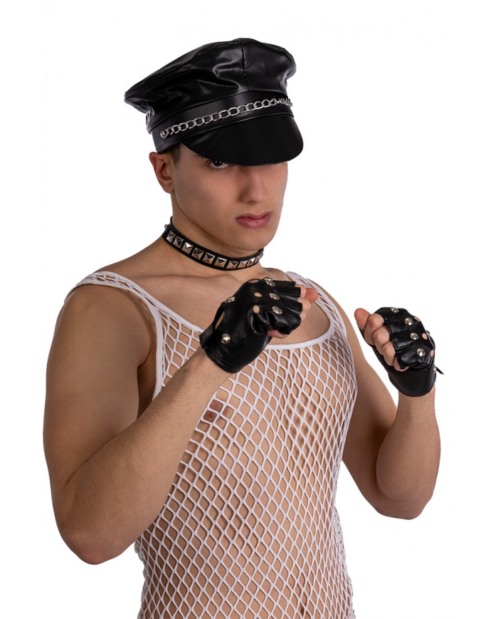 ensemble déguisement motard (chapeau, gants, collier) sur papier cartonné