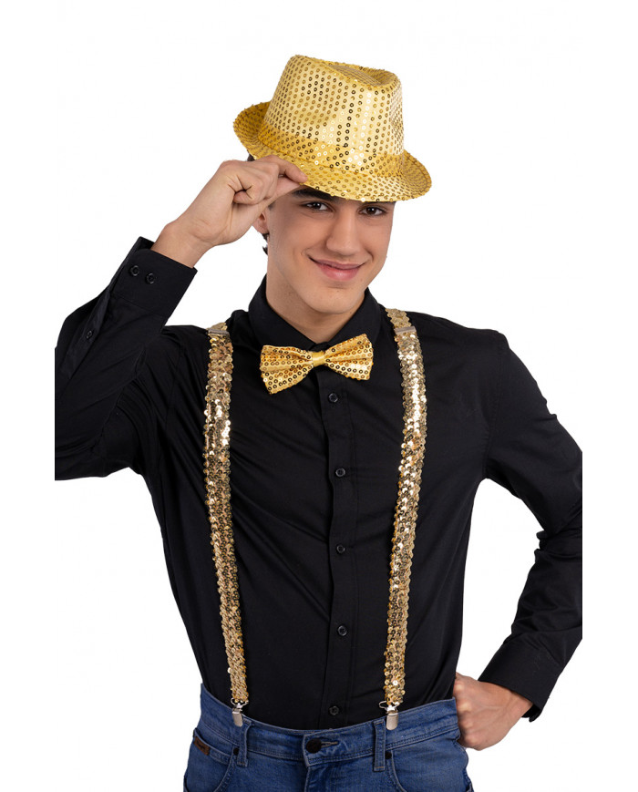 Set disco dance oro (cappello, bretelle, papillon) su cartoncino
