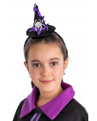BLACK WITCH MINI HAT WITH SPIDER ON HEADBAND WITH HEADER