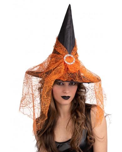 chapeau sorcière noir en tissu plastifié avec voile orange, hauteur 35 cm environ avec étiquette volante / étiquette