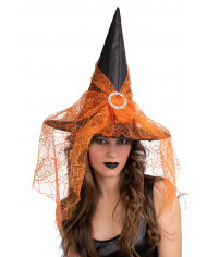 chapeau sorcière noir en tissu plastifié avec voile orange, hauteur 35 cm environ avec étiquette volante / étiquette