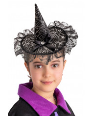 chapeau en satin noir avec nœud, dentelle et serre-tête avec carte d’en-tête