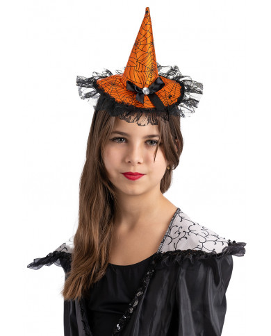 chapeau en satin orange avec nœud, dentelle et serre-tête avec carte d’en-tête