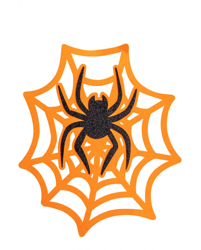 telaraña de fieltro naranja con araña para colgar de unos 45 cm. de alto con etiqueta colgante/etiqueta