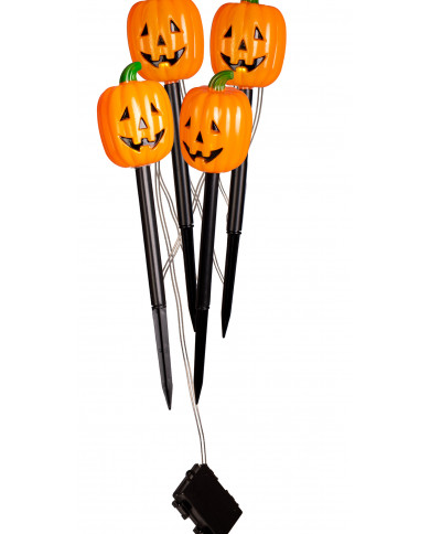 4 citrouilles avec lumières et piquets, hauteur 38 cm environ dans une pochette avec carte d’en-tête (piles non comprises) 4 citrouilles avec lumières et piquets, hauteur 38 cm environ dans une pochette avec carte d’en-tête (piles non comprises)