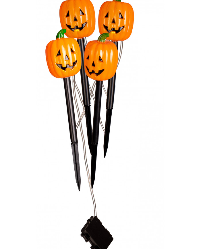 4 citrouilles avec lumières et piquets, hauteur 38 cm environ dans une pochette avec carte d’en-tête (piles non comprises) 4 citrouilles avec lumières et piquets, hauteur 38 cm environ dans une pochette avec carte d’en-tête (piles non comprises)