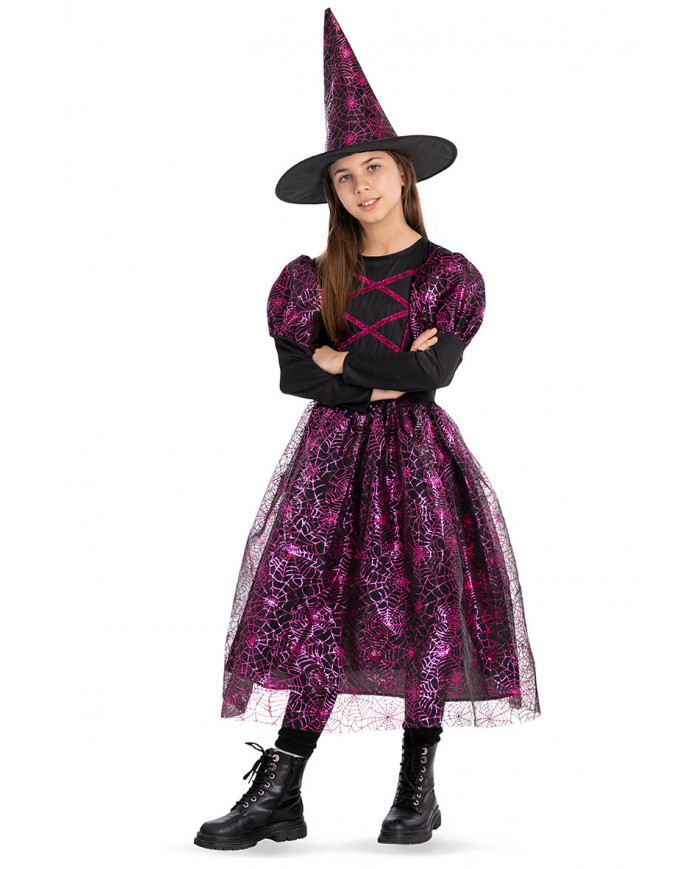 Fuchsia witch costume with cobwebs in envelope with hook