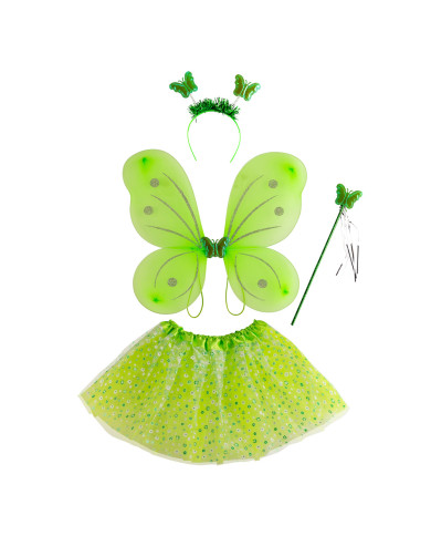 Set deguisement papillon vert (joupe, ailes cm 50x40, serre tete, baguette) dans sachet avec cavalier Set deguisement papillon vert (joupe, ailes cm 50x40, serre tete, baguette) dans sachet avec cavalier