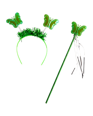 Set deguisement papillon vert (joupe, ailes cm 50x40, serre tete, baguette) dans sachet avec cavalier Set deguisement papillon vert (joupe, ailes cm 50x40, serre tete, baguette) dans sachet avec cavalier