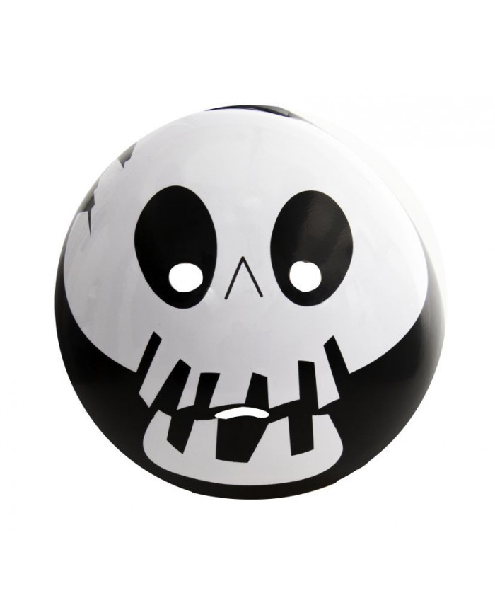 White and black plastic round mask fitted by headband, with