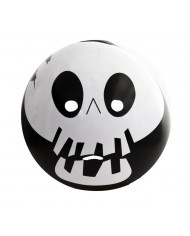 White and black plastic round mask fitted by headband, with