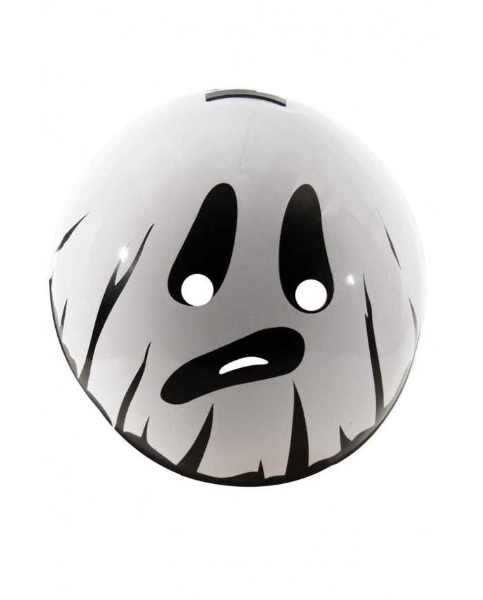 White and black round ghost mask in plastic with headband.