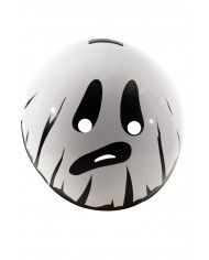 White and black round ghost mask in plastic with headband.