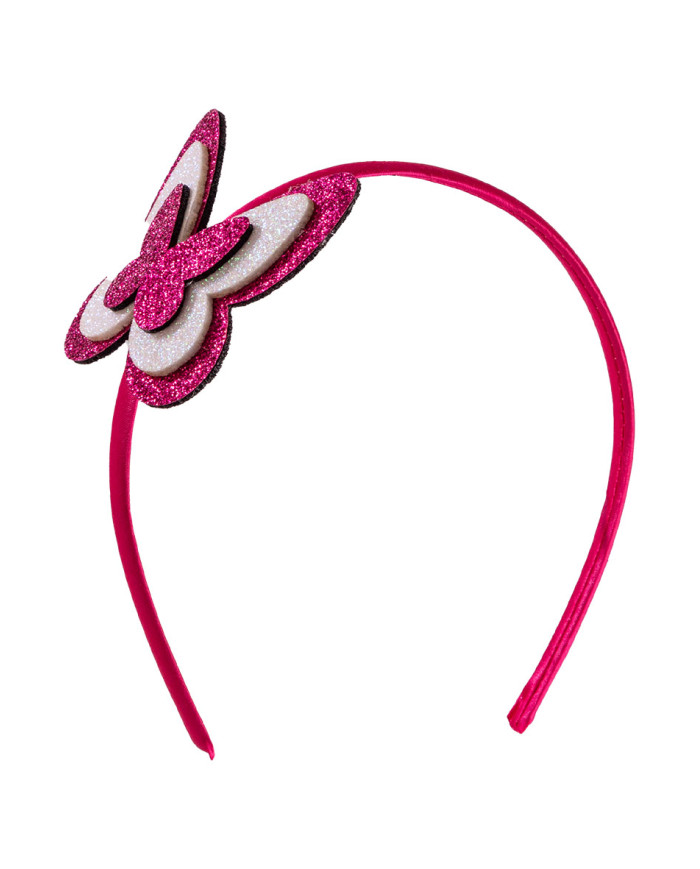 Serre tête papillon glitter fuchsia/blanc avec cavalier Serre tête papillon glitter fuchsia/blanc avec cavalier