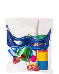 Ensemble de fête (chapeau de fête, trompette 20 cm environ, serpentin, masque, langue) dans une pochette