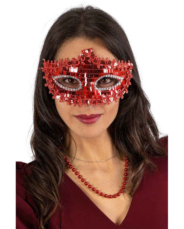 Red mask with sequins on card