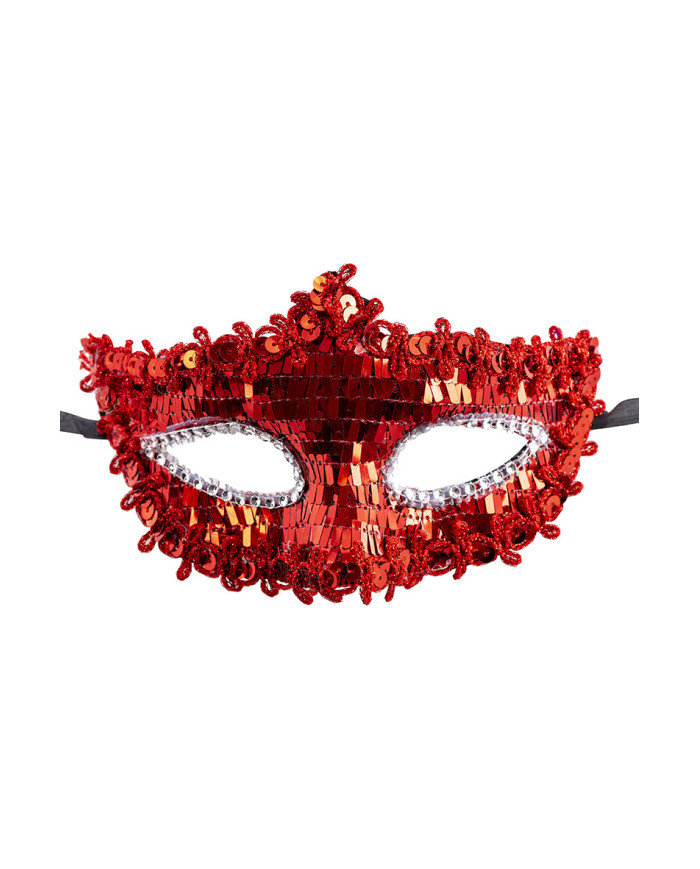 Máscara roja con lentejuelas sobre cartoncillo