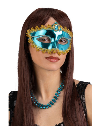 Himmelblaue Maske mit Schmuckstein auf Pappkarton